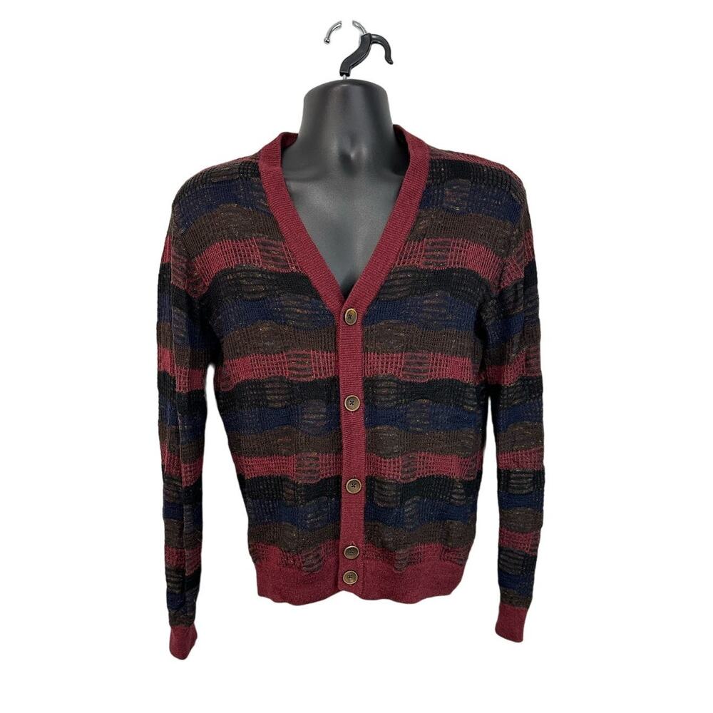 Robert Graham Red Black Wool Blend Cardigan Size Small Striped Knit